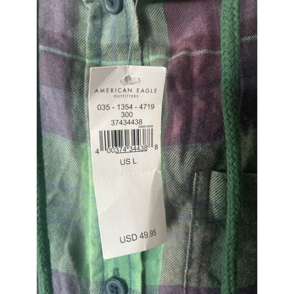 NWT $50 American Eagle Cropped Distressed Flannel Hoodie Plaid Sweatshirt Sz L - Picture 5 of 10